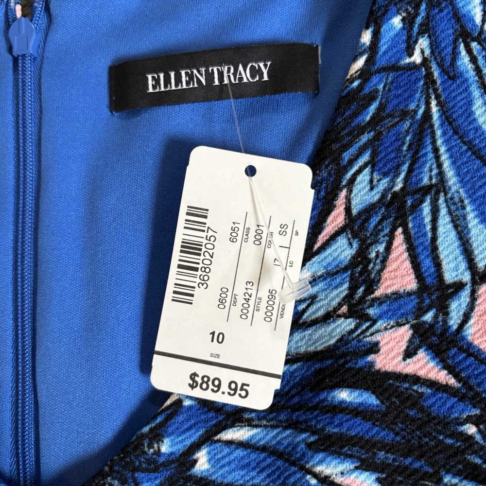 NWT Ellen Tracy Blue Pink‎ Dress Sleeveless Sheath Stretch Career Office Size 10 - Picture 8 of 10